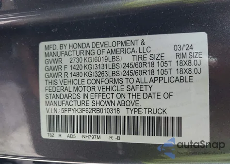 2024 Honda Ridgeline Trailsport из США, поврежденный, VIN 5FPYK3F62RB010318